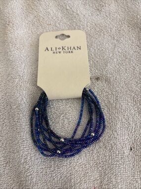Ali Khan New York 8 Strand Seed Bead Stretch Bracelet Blue Purple Silver NEW